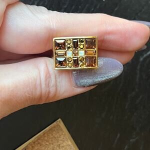 Vintage GIVENCHY Gold Tone Rectangular Ring with White and Amber Rhinestones